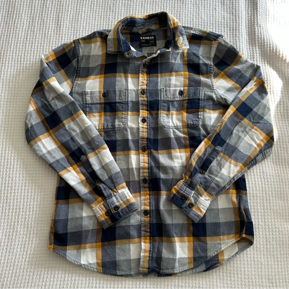 Express Men's Blue and Yellow Plaid Flannel
